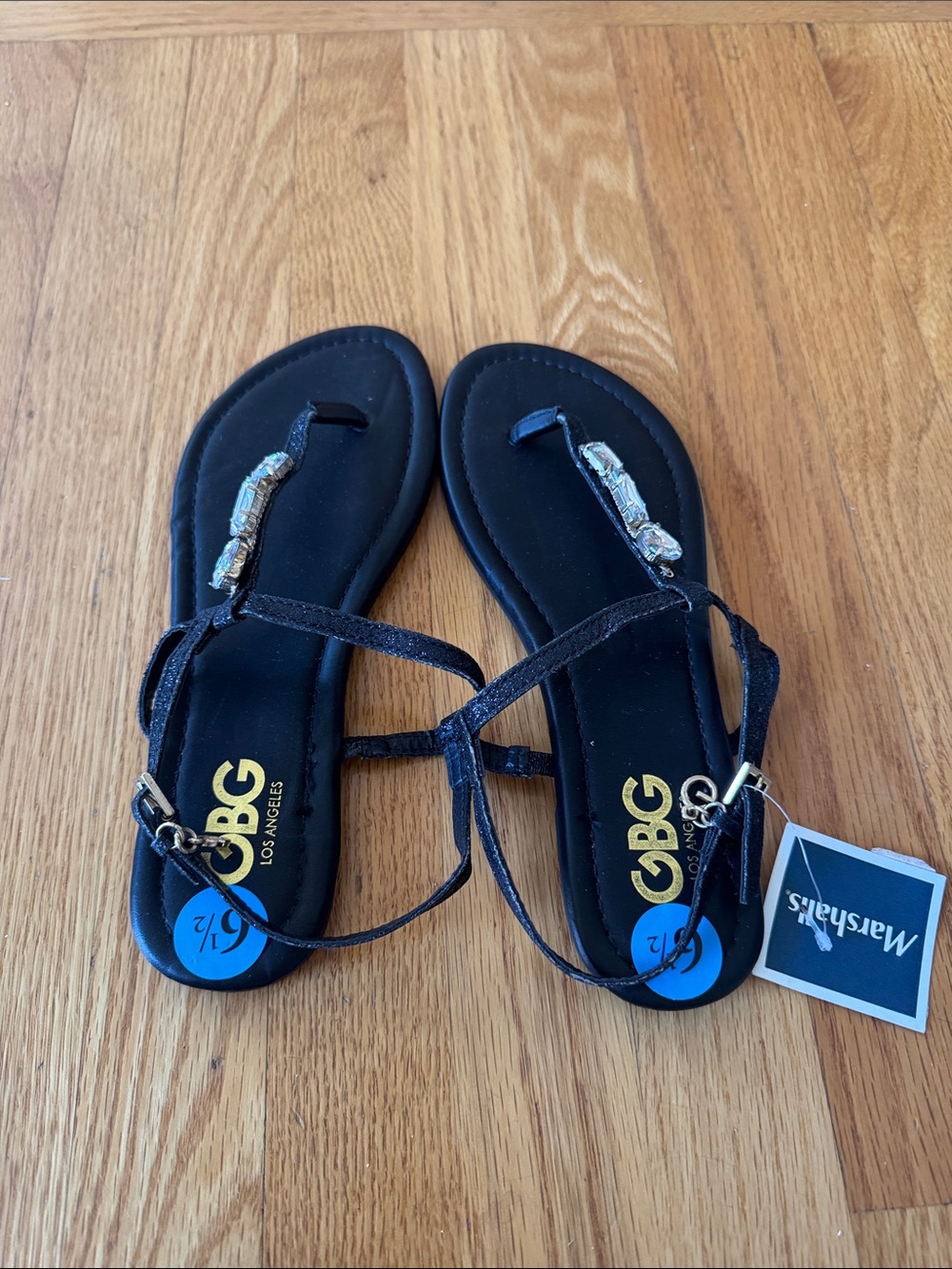 GBG Los Angeles Black Jeweled T-Strap Sandals